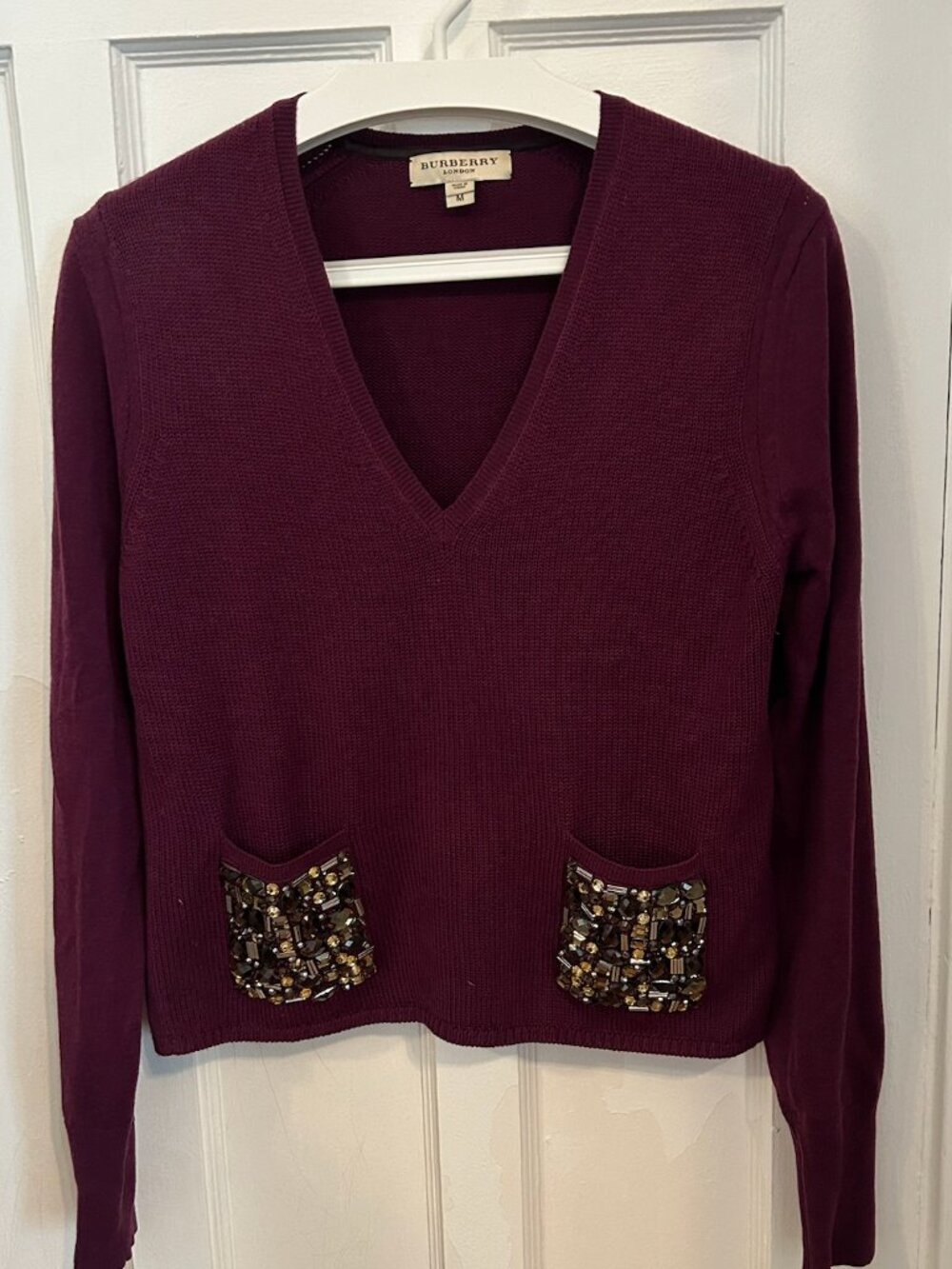 Burberry London Embellished Pocket V-Neck Sweater in Burgundy | Size M